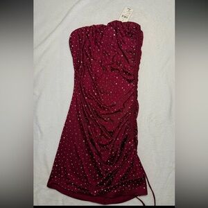 Windsor Strapless Burgundy Dress with Silver Accents